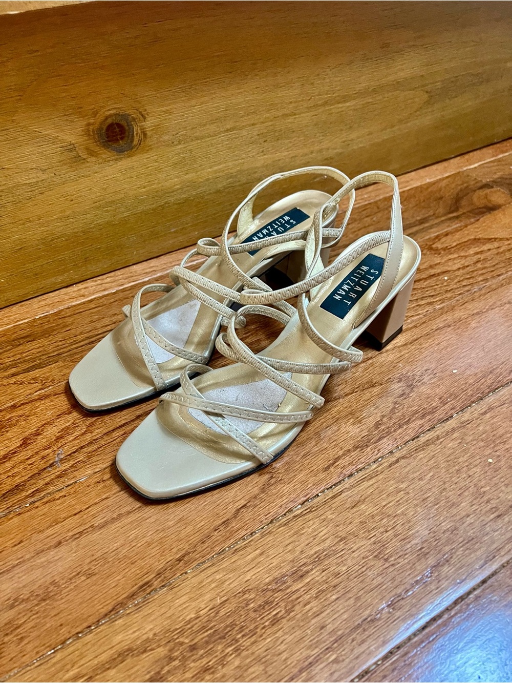 Stuart Weitzman Neutral Strappy Block Heel Square Toe Sandals